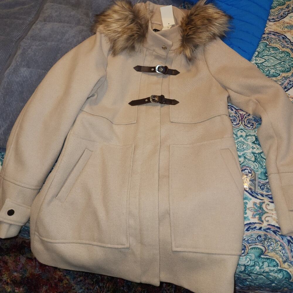 COFFEE SHOP NWT WOMENS SZ L WOOL BLEND FAUX FIR TRIMMED DUFFLE COAT - Picture 1 of 7